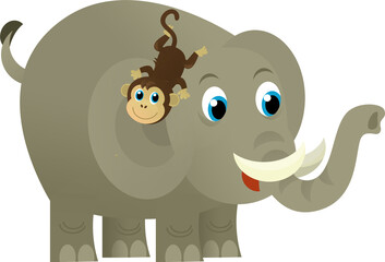 Cartoon wild animal happy young elephant with other animal friend on white background - illustration for the children