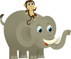 Cartoon wild animal happy young elephant with other animal friend on white background - illustration for the children