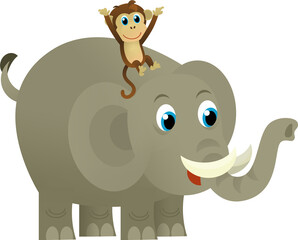 Cartoon wild animal happy young elephant with other animal friend on white background - illustration for the children