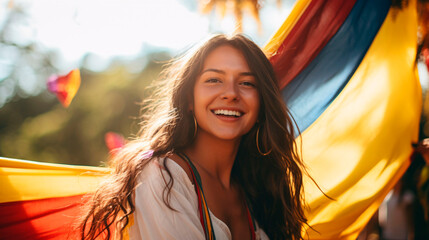 People Celebrating Colombian Pride and hold the Colombian flag high. Generative AI