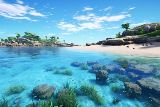 Explore immersive marine wildlife with dolphins and sea turtles in a beautiful Australian beach using a cutting-edge engine. Generative AI