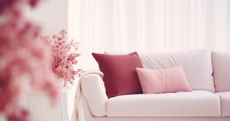 Interior of modern room with comfortable sofa.
Blurred Modern white living room interior with sofa, furniture and flowers, use for background.	