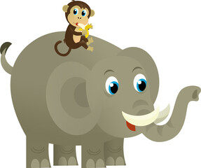 Cartoon wild animal happy young elephant with other animal friend on white background - illustration for the children