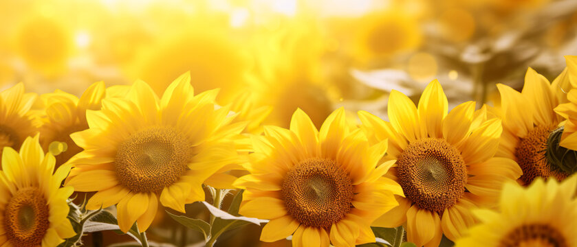 Background of sunflowers in a yellow field on a sunny day