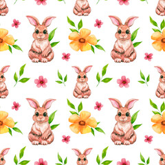 Hand drawn watercolor seamless pattern. Fabric children's print. Kawaii style. Watercolor. Texture. Cute bunny. Children's print. Flowers. Holiday.