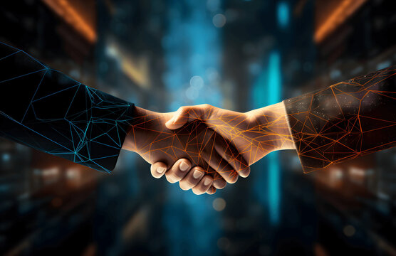 Business people shaking hands after a deal with digital technology global network connection effect, internet communication, teamwork, partnership concept 