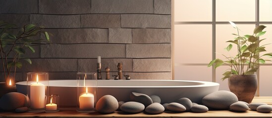 illustration of a minimalist bathroom with a vintage wooden table shelf candles pebbles a bathtub and a vertical garden creating a zen atmosphere in the architectural interior design