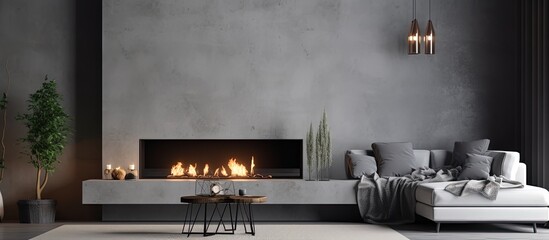 Modern living room with gray concrete walls features a fireplace and sofa