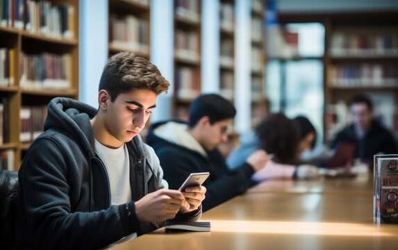Teen boy student using mobile phone sitting at desk in university college campus classroom. Generative AI