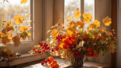 Beautiful bouquet with an antique vase on a table with autumn flowers against the background of a window