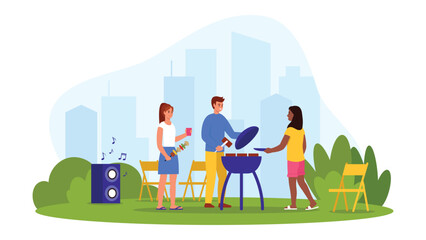 Vector illustration of a picnic in nature outside the city. Cartoon scene with a boy and girls in nature grilling meat on a barbecue grill, chairs, a speaker with music, bushes, silhouettes of houses.