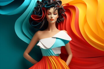 A woman mannequin wearing a colorful dress