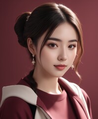 A portrait of a asian woman on a dark red background