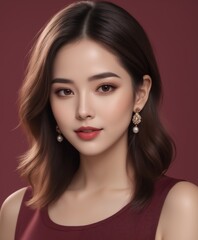 A portrait of a asian woman on a dark red background