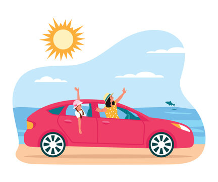 Vector Illustration Of A Happy Family Going On Summer Vacation. Cartoon Scene With A Woman And Girl Looking Out Of A Red Car, Sea With Dolphins, Sun And Sky With Clouds Isolated On White Background.