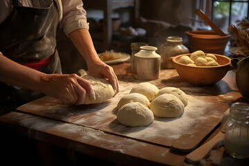 Obraz na płótnie Canvas Photo of a person kneading dough on a table