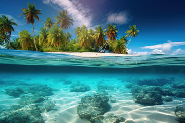 Fototapeta na wymiar Tropical island with coconut palms and underwater coral reef. Split view with waterline.
