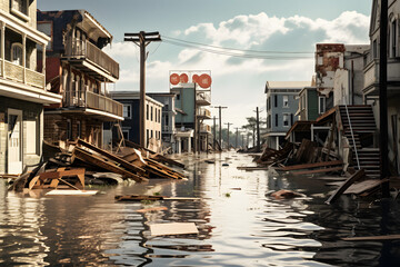 Photo of a flooded street with lots of floating debris 
