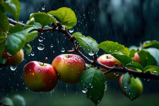 the apple plant with appls, show a attrective looks, in the rain, the drops of water touch the apple