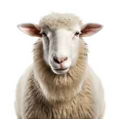 Fototapeta premium Photo of a close-up portrait of a sheep against a pure white background