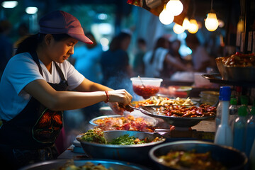 Photo of a woman preparing food at a buffet table