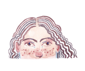 Stylized watercolor illustration of a young woman with curly hair and freckles. Сartoon portrait with blush. Watercolor element.