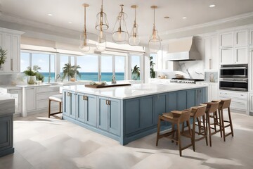 a coastal luxury kitchen, featuring beachfront views, light color palettes, and a sense of relaxed...
