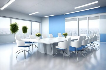 3D view ,meeting room, , with table white colour, chairs blue colour, side of the table