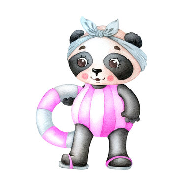 A cute panda in a pink striped swimsuit and caps holds an inflatable circle in her hands. Watercolor summer illustration in a cartoon style isolated on a transparent background, hand drawn.