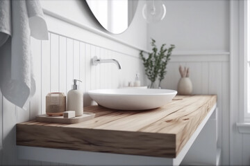 Fototapeta na wymiar Sustainable Modern Bathroom with Wooden Countertop. Generative Ai.