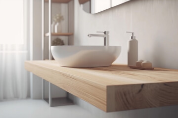 Fototapeta na wymiar Scandinavian style bathroom with ceramic washbasin on wooden countertop. Generative Ai.