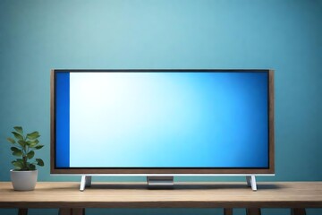 LED television white, 3D render, with blue back ground, on the wooden table