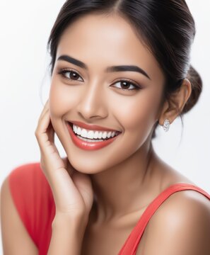 a closeup photo portrait of a beautiful young middle eastern model smiling with clean teeth. used for a dental ad.