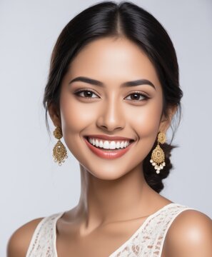 a closeup photo portrait of a beautiful young middle eastern model smiling with clean teeth. used for a dental ad.
