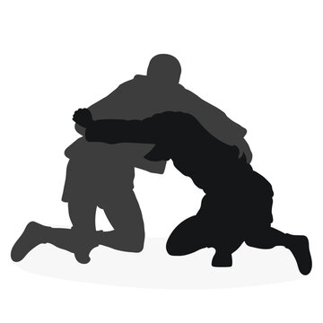 Image of silhouettes sambo athletes in sambo wrestling, combat sambo, duel, fight, fistfight, struggle, tussle, brawl, jiu jitsu. Martial art, sportsmanship