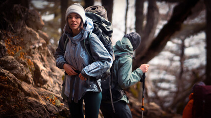 Young stylish travelers discover and enjoy the nature, walk the trail among the mountains and...