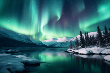 Naklejka premium Photo of a stunning aurora borealis illuminating a serene mountain lake covered in snow