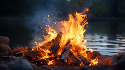 Fototapeta premium Riverside Sunset Bliss Bonfire by the River at Dusk