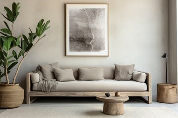 Grey sofa near beige stucco wall and big poster frame on it. Boho, rustic interior design of modern living room. - obrazy, fototapety, plakaty