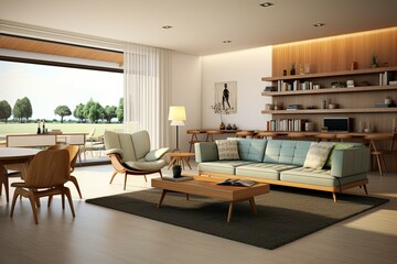 Fototapeta premium century style home interior design of modern living room. Accent coffee table near black tufted sofa against windows.
