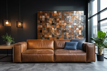 Brown leather sofa against tiled mosaic wall. Loft interior design of modern living room.