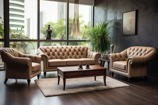 Beige tufted chesterfield sofa and brown wing chairs. Art deco interior design of modern living room.