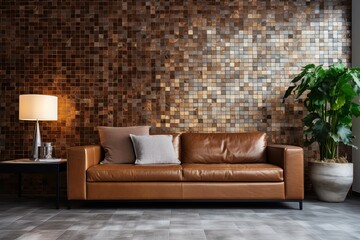 Brown leather sofa against tiled mosaic wall. Loft interior design of modern living room.