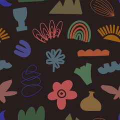 Abstract organic shapes pattern. Vector seamless background with hand drawn various shapes and doodle objects. Abstract contemporary modern style wallpaper. Trendy illustration.