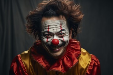 Close-up portrait of a smiling middle-aged Asian man in a clown costume and makeup