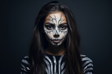 Portrait of a beautiful brunette girl with skeleton makeup on a dark studio background