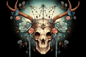 Skull of a deer adorned with dreamcatcher and butterfly. Generative AI - obrazy, fototapety, plakaty