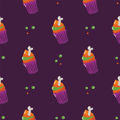 Simple seamless pattern with cupcake on dark background. Halloween concept. Hand drawn vector illustration for cover, stationary, wallpaper, prints, wrapping, textile