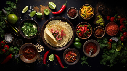Obraz na płótnie Canvas food many dishes of the mexican cuisine on dark, generative ai