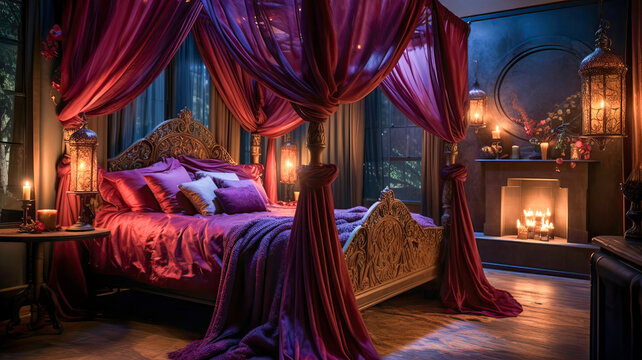 Dark Bedroom with Purple Canopy Bed and Fireplace: Romantic and Opulent Bedroom Decor Inspiration